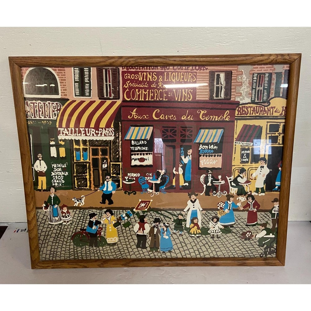Vintage French Folk Art Framed Print Art Collectible Unique Home Decor